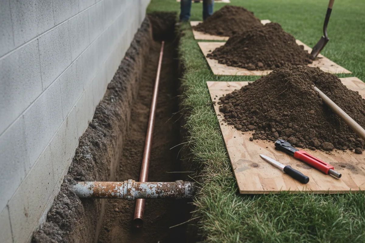 Excavated water line trench during Water Softener Installation in Sparkill